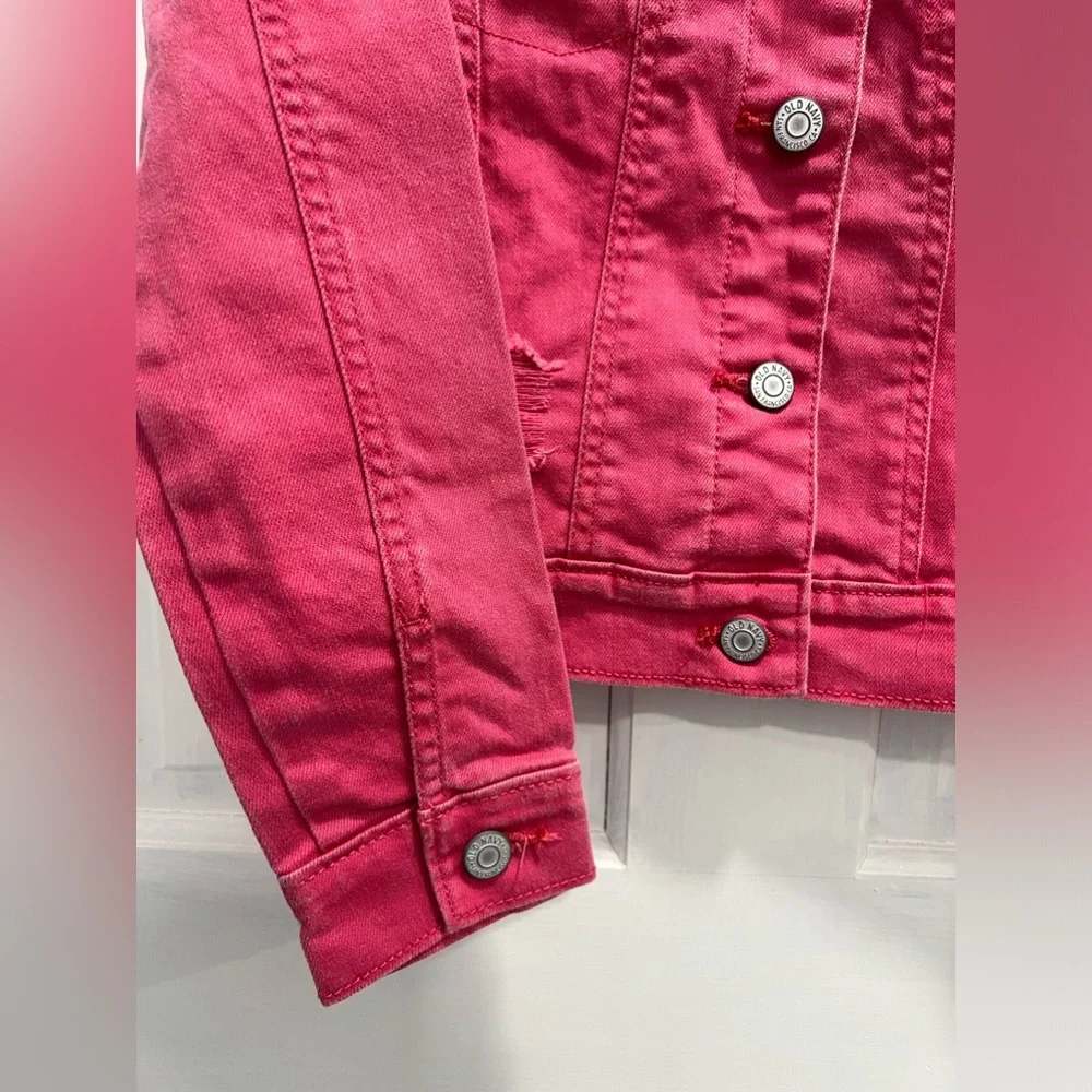 OLD NAVY Pink Distressed Denim Jacket SIZE 8 Girls Pockets Buttons Pre Loved